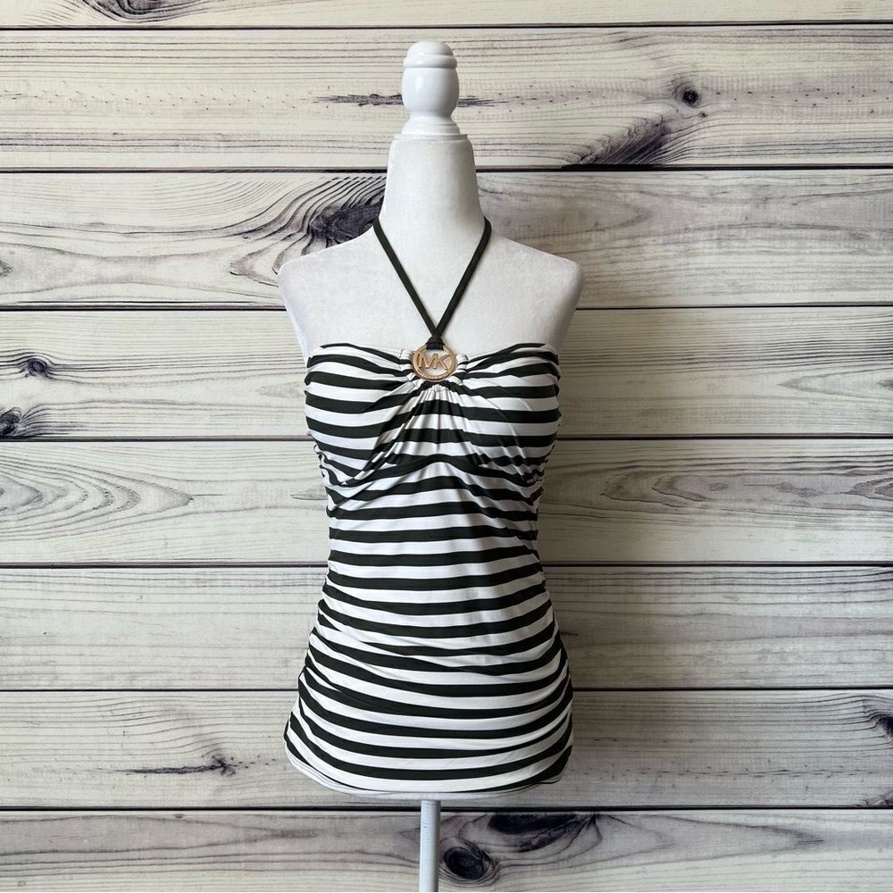 Michael Kors Green & White Striped Halter Tank Swim Suit Top